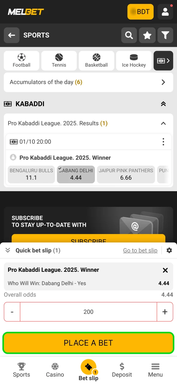 Enter the amount and confirm your bet at Melbet.