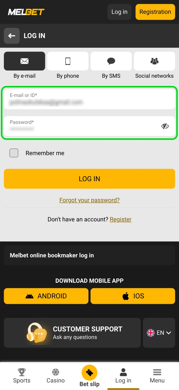 Fill in the blanks with your existing Melbet account information.