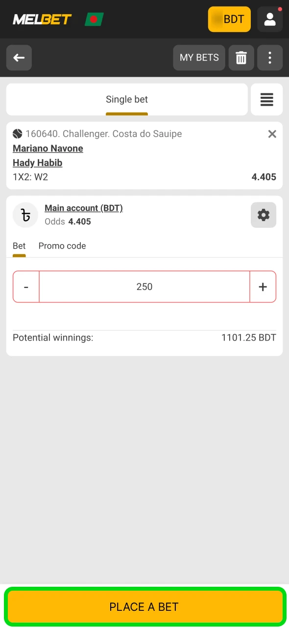 Input your stake amount at Melbet bet section.